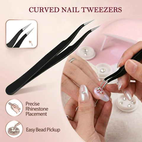 Curved nail tweezers from Beginner Home DIY Press On Nail Kit With 15 Nail Art Brushes 5 Dotting Pens Nail Stand Double Sided Tape