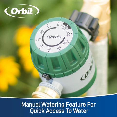Close-up of a Mechanical Water Timer For Lawn And Garden No Battery Needed Clockwork Hose Faucet Timer with green easy grip dial.