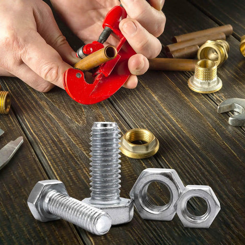 9 Piece Copper Washer Kit with M18 Copper Washers, sealing rings, crush washers, tools, bolts, screws, for machinery repair and automotive projects.