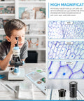 Child observing slides using 40X-1000X Dual Light All-Metal Microscope Kit For Students And Kids With Slides And Microscope Book