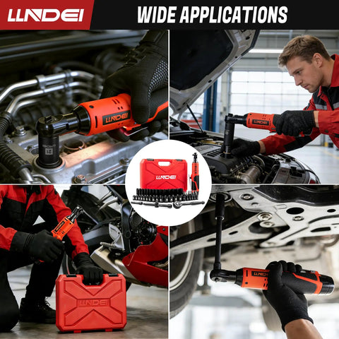 Beefed Up Pro Grade Three Eighths Inch Cordless Electric Ratchet Wrench Kit With Fifty Two Piece Socket Set Including Metric Sockets E Torx Bits Hex Bits Universal Joint Extensions Sliding T Handle And Case For Auto Repair And DIY, orange cordless ratchet in engine bay