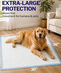 Top Shelf Heavy Duty Disposable Bed Pads 36 By 30 Inch with quilted surface, featuring a golden retriever on the pad.