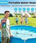 Beefed Up 3500W Immersion Water Heater Dishes Out Insta Hot Water For Bathtub Stock Tank Or Pond Hookups With Zero Fuss Plug And Play Auto Temp Lock System in use with a portable pool and thermostat outdoors.