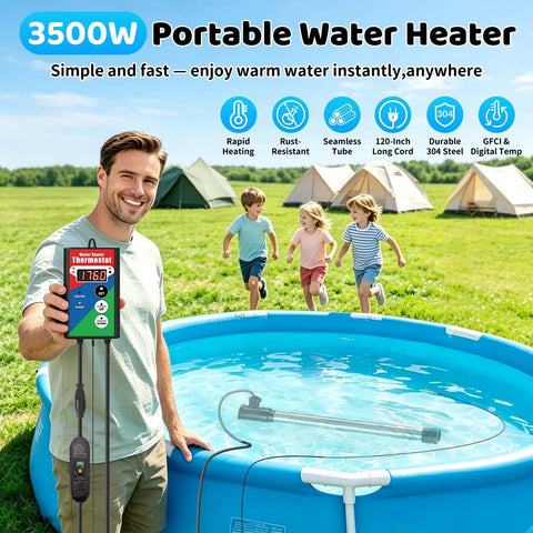 Beefed Up 3500W Immersion Water Heater Dishes Out Insta Hot Water For Bathtub Stock Tank Or Pond Hookups With Zero Fuss Plug And Play Auto Temp Lock System in use with a portable pool and thermostat outdoors.