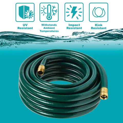 Heavy Duty Flexogen Three Quarters Inch By Fifty Foot Garden Hose With Eight Layer Construction And Five Hundred Psi Burst Strength, Kink Resistant, Ergonomic Brass Couplings, Pro Grade Built To Last, shown coiled with labels for features like UV and impact resistance.