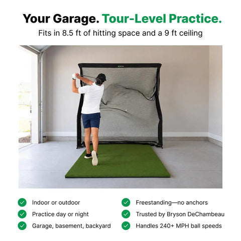 Man practicing with Home Series Golf Training Net 7x7 With Auto Ball Return in garage showing indoor setup possibilities.