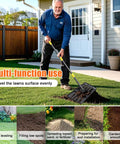 Beastly 60 Inch Adjustable Lawn Leveling Rake in use leveling grass in yard next to house