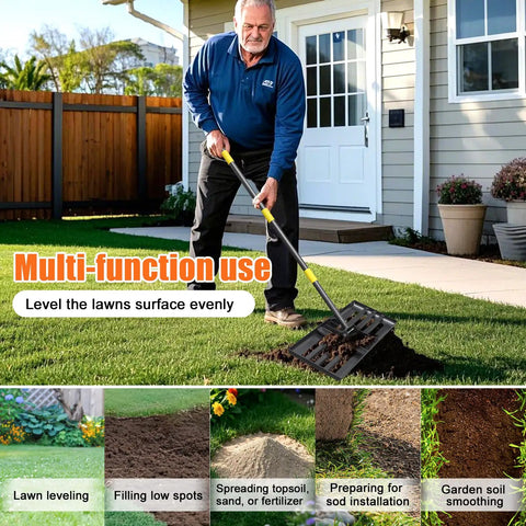 Beastly 60 Inch Adjustable Lawn Leveling Rake in use leveling grass in yard next to house