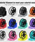 Colorful 3D printer filament spools in black, white, grey, orange, red, blue, green, purple, transparent, pink, yellow, and cyan.