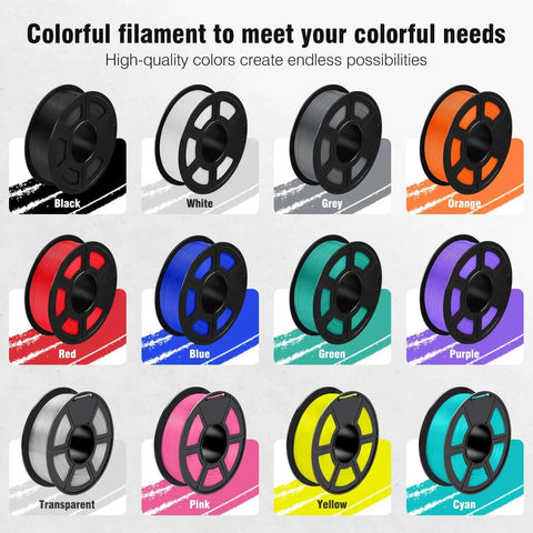Colorful 3D printer filament spools in black, white, grey, orange, red, blue, green, purple, transparent, pink, yellow, and cyan.