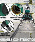 Garden hose splitter 2-way with long handle; green and black body, zinc-alloy threaded connectors.