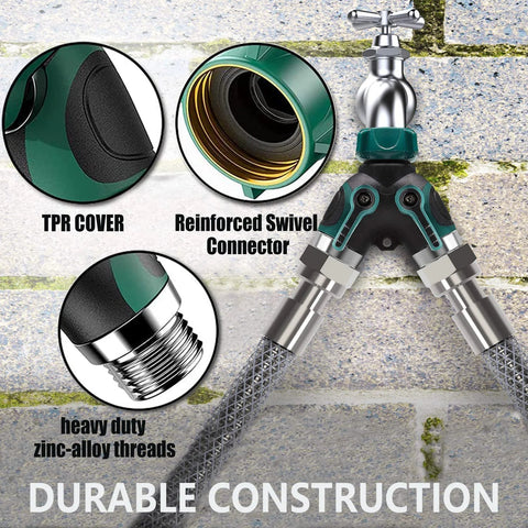 Garden hose splitter 2-way with long handle; green and black body, zinc-alloy threaded connectors.