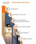Polaris Solar Light With 130 Lumen LED Bulb For Outdoor Wall Or Pier Mounts 3 Inch Fitter White Finish with features list.