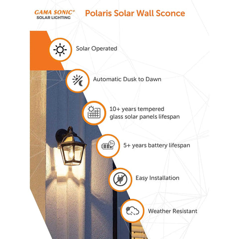 Polaris Solar Light With 130 Lumen LED Bulb For Outdoor Wall Or Pier Mounts 3 Inch Fitter White Finish with features list.