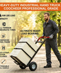 Heavy Duty Aluminum Hand Truck With 600 Pound Capacity And 10 Inch Pneumatic Tires For Extendable Base Platform Hauling and Hella Smooth Zero Sweat Household Moving in use on a path.