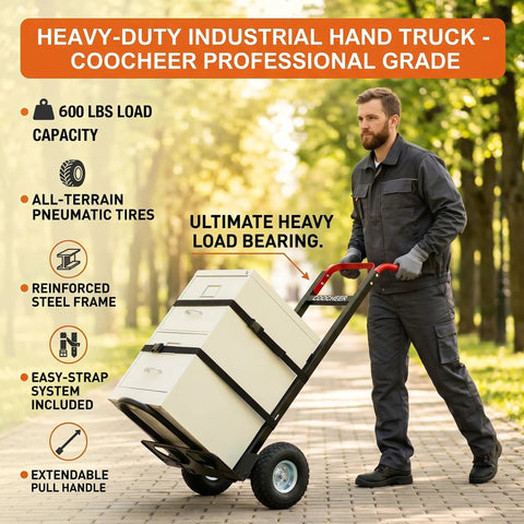 Heavy Duty Aluminum Hand Truck With 600 Pound Capacity And 10 Inch Pneumatic Tires For Extendable Base Platform Hauling and Hella Smooth Zero Sweat Household Moving in use on a path.