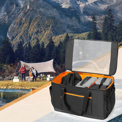 Camping Gear Organizer Set With Three Packing Cubes And One Mesh Pocket In A Handy Carrying Bag, 45L on campsite background