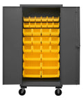 Heavy Duty Industrial Steel Workhorse, Lockable Rolling Tool Cart With Thirty Bright Yellow Hook On Bins, 36 Inch Wide view of open cabinet.