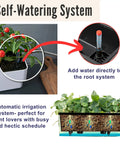 Total Patio Flex 16 Inch White Railing Planter Boxes 2 Pack Over Balcony Self Watering With Metal Brackets showing self-watering system.