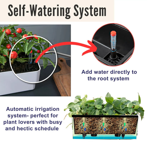 Total Patio Flex 16 Inch White Railing Planter Boxes 2 Pack Over Balcony Self Watering With Metal Brackets showing self-watering system.