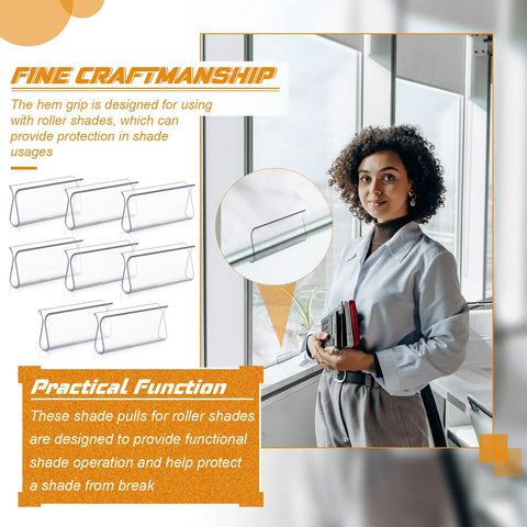 Clear Plastic Hem Grips for Roller Shade Handles, Replacement Blinds Hardware for Windows and RV Rolling Curtains, Easy Install, Durable Pull Down Grip, 8 Piece Set shown on roller shades