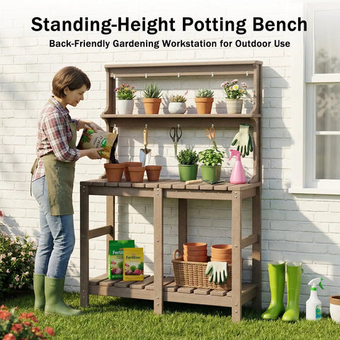 Outdoor Potting Bench With Three Tier All Weather Construction And Tool Hooks Built For Busy Green Thumbs For Backyard Or Garden