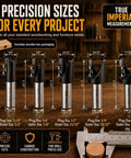 Detailed infographic showing 5 precision sizes of Kickass Carbide Tipped Wood Plug Cutters Set 5 Piece Collection measuring plug and outer diameters.