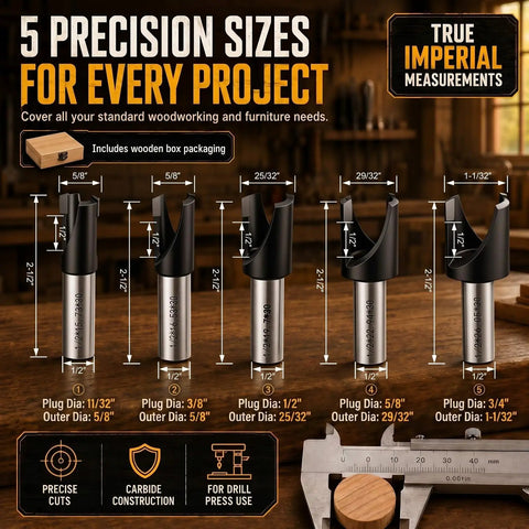 Detailed infographic showing 5 precision sizes of Kickass Carbide Tipped Wood Plug Cutters Set 5 Piece Collection measuring plug and outer diameters.
