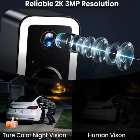 Close-up of Two Pack Wireless Outdoor Security Cameras With True Color Night Vision AI Motion Detection and visual comparison of night vision capabilities.
