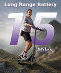 Grab Your Foldable Electric Scooter For Smooth Adult Commutes Featuring A Badass 500W Motor Super Long 40 Mile Range Quick Three Second Setup Easy Car Storage And Zippy Urban Cruising Action with a woman riding on a scooter showcasing a long range battery.