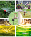 Various irrigation systems including garden hoses with sprayers and faucets in a garden setting