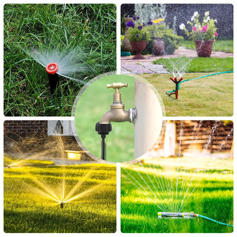 Various irrigation systems including garden hoses with sprayers and faucets in a garden setting