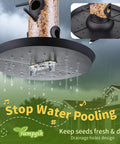 Six Port Outdoor Bird Feeders With Tray For Cardinals 13 Inch Black Pack Of 2 Durable Plastic Construction Easy Hang From Tree Or Hook Great For Backyards Gardens Patios And Porches showing drainage design to stop water pooling.