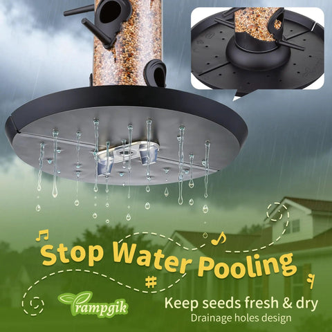 Six Port Outdoor Bird Feeders With Tray For Cardinals 13 Inch Black Pack Of 2 Durable Plastic Construction Easy Hang From Tree Or Hook Great For Backyards Gardens Patios And Porches showing drainage design to stop water pooling.