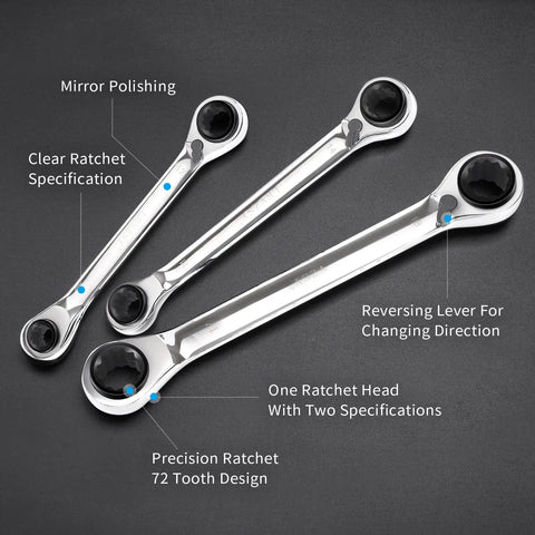 4 In 1 Reversible Ratchet Wrench Set 8 To 19 mm With 72 Tooth Precision Gear In CRV Steel Mirror Polish displaying features