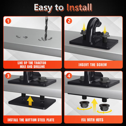 Installation steps for Heavy Duty Grade 70 3/8 Inch Bolt On Tractor Bucket Grab Hook With Backer Plate, Galvanized And Powder Coated.