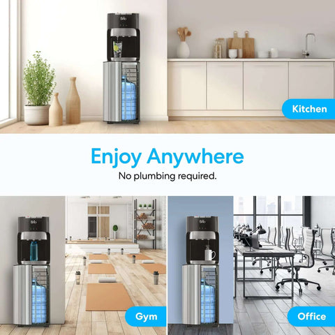 Bottom Load Water Dispenser For Five Gallon Bottles With Hot Cold And Room Temperature Water in kitchen, gym, and office settings