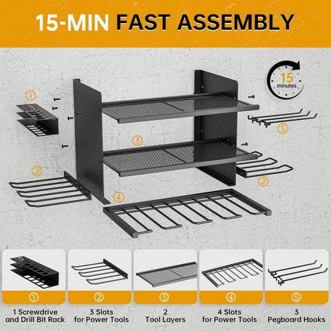 Power Tool Organizer Wall Mount With 3 Layer Design And Eight Drill Slots, Heavy Duty Tool Shelf Rack shown in assembly steps