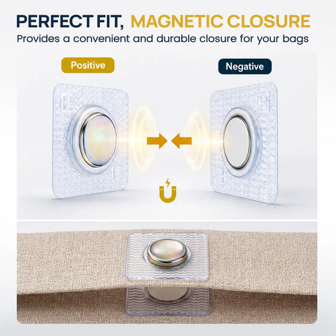 Invisible Sew On Magnetic Snap Fasteners With Hidden Pvc Coated Design Top Shelf Crafting And Purse Hardware Secure Coat Closures 60 Piece Packs Hella Durable And Totally Sick Finish showing positive and negative magnetic closure on fabric.