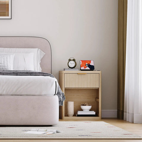 Fluted Nightstand With Built In Charging Station One Drawer And Open Storage Metal Handles Curved Edges Mid Century Modern Bedside Table