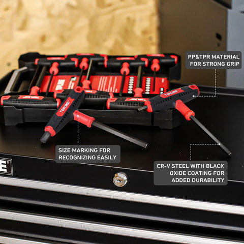 14 Piece Hex Key Set With T Handle Long Arm Allen Wrenches SAE And Metric, heavy duty torque, non slip grips displayed in box