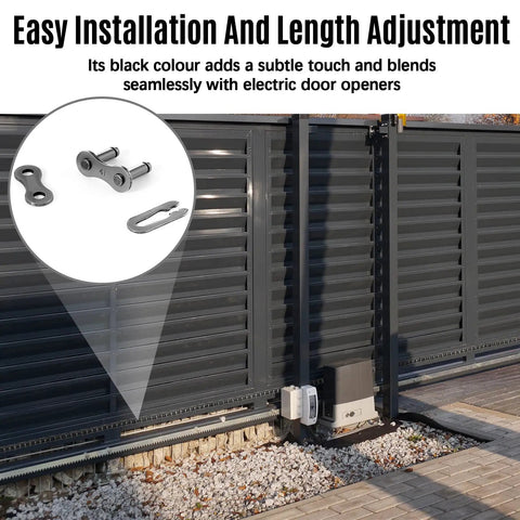 20 Ft #41 Roller Chain With 2 Links Heavy Duty Corrosion Resistant Interchangeable Replacement For Driven Slide Gate Operator And Conveyor System Reliable Performance For Outdoor Use close-up showing installation suitability.