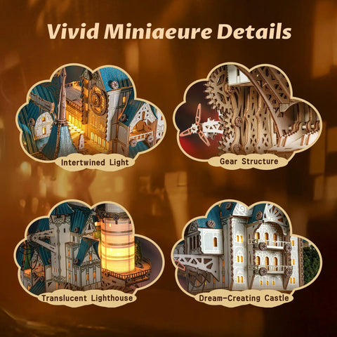 3D Wooden Puzzle Steam Castle Model With Floating Baroque Design For Steampunk Lovers, DIY Building Kit With Creative Lighting, Fantasy Castle Display For Collectors And Fantasy Fans. Wooden LED castle detail images showing gear structure and translucent lighthouse