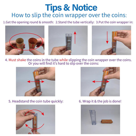 Steps showing use of Ultimate 5 In 1 Coin Counter And Sorter Tube For US Coins From Pennies To Dollars No More Separate Tubes