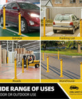 4 Pack 42 Inch Steel Safety Bollard Posts in a garage, parking lot, warehouse, and road for high visibility protection.