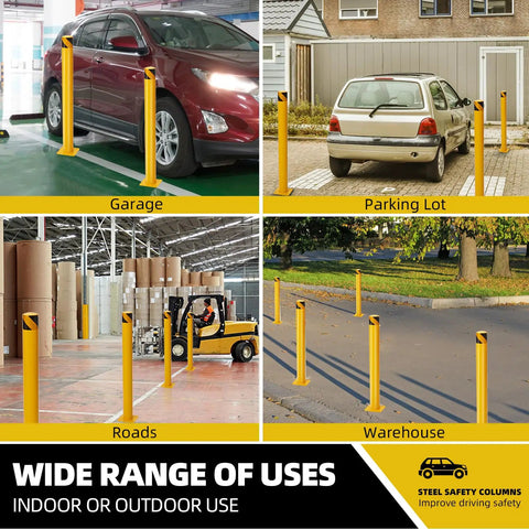 4 Pack 42 Inch Steel Safety Bollard Posts in a garage, parking lot, warehouse, and road for high visibility protection.