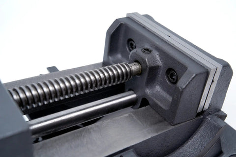 Close-up of 4 Inch Angle Drill Press Vise With 0 To 90 Degree Tilting Beefy Heavy Duty Cast Iron Build Powder Coated Black Finish Secure Clamping
