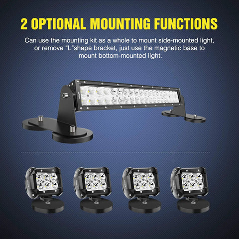 Magnetic Base LED Light Bar Mounting Brackets Set For Hood Or Roof Mounts With Strong Sucker Holders Fits Straight Or Curved Light Bars Black 2 Pack 2 Year Warranty illustrated with optional mounting functions in use