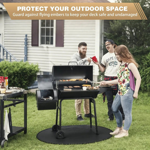 Happy group grilling on patio with 43 Inch Fire Pit Mat For Bonfire And Solo Stove, Round Fireproof Waterproof Under Grill Mat