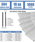 Image showing Premium 2 Inch 304 Stainless Steel Finish Nails 1000 Pack 16 Gauge, dimensions and wire diameter specifications.